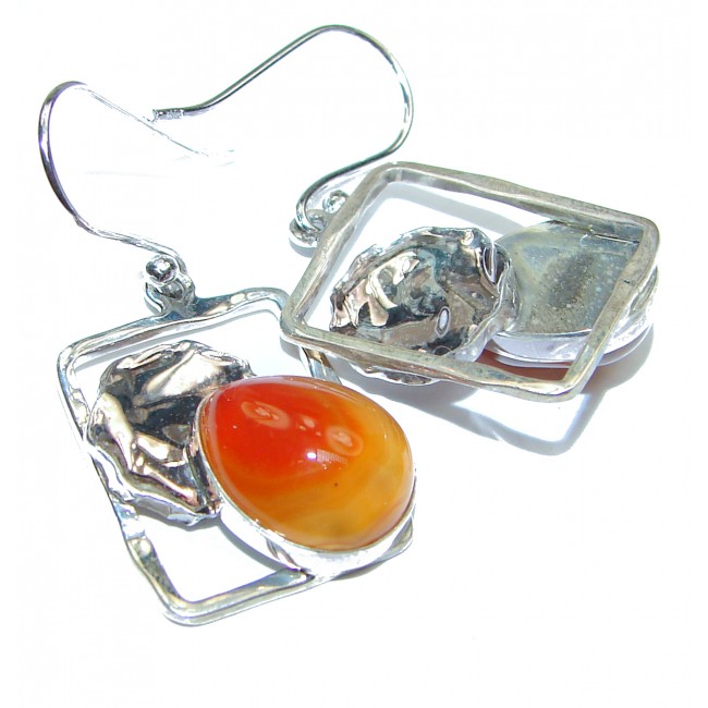 Orange Mexican Fire Opal hammered Sterling Silver handmade earrings