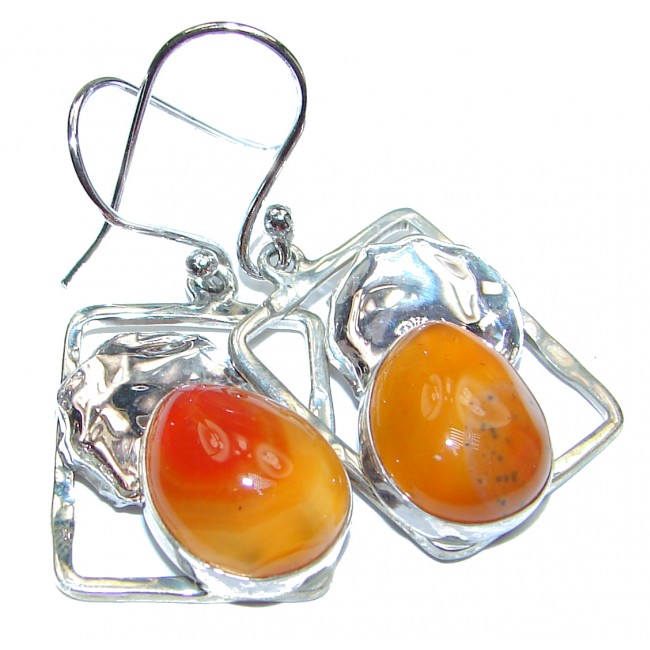 Orange Mexican Fire Opal hammered Sterling Silver handmade earrings