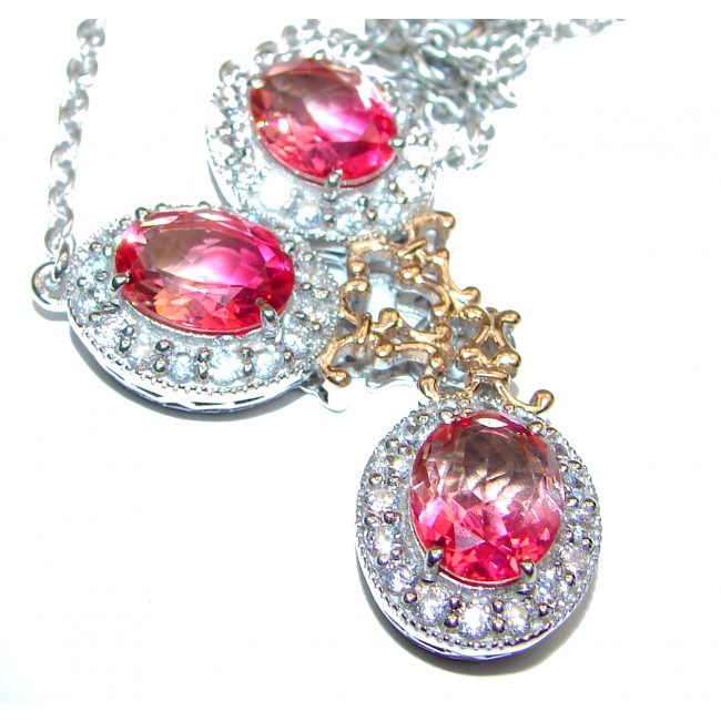 Oval cut Bi-color color Pink Topaz 18K Gold over .925 Sterling Silver handcrafted necklace