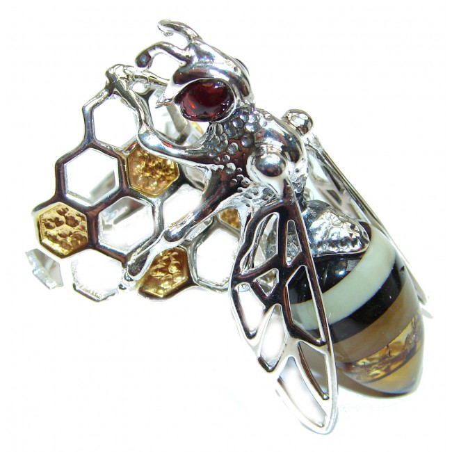 Masterpiece Honey Bee Baltic Polish Amber .925 Sterling Silver handcrafted ring; s 8 adjustable