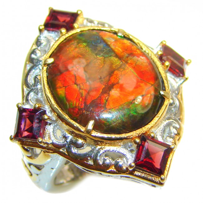 Genuine Canadian Ammolite 18K Gold over .925 Sterling Silver handmade ring size 6 1/4