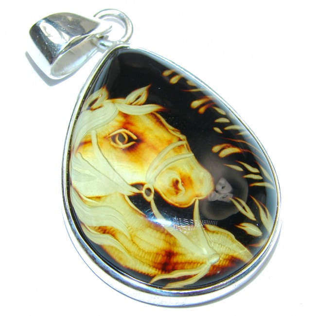 Wild Horse Authentic carved Baltic Amber .925 Sterling Silver handmade Pendant