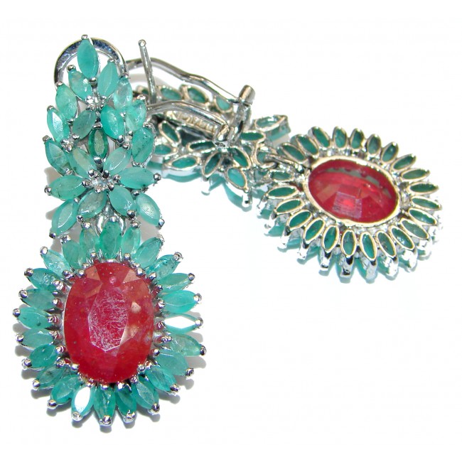 Stunning large Authentic Ruby Emerald .925 Sterling Silver handcrafted stud earrings