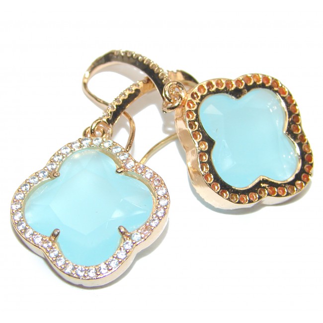 Classy Clover Aquamarine quartz 18K Gold over .925 Sterling Silver handcrafted earrings