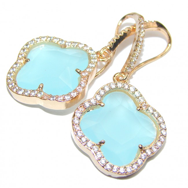 Classy Clover Aquamarine quartz 18K Gold over .925 Sterling Silver handcrafted earrings