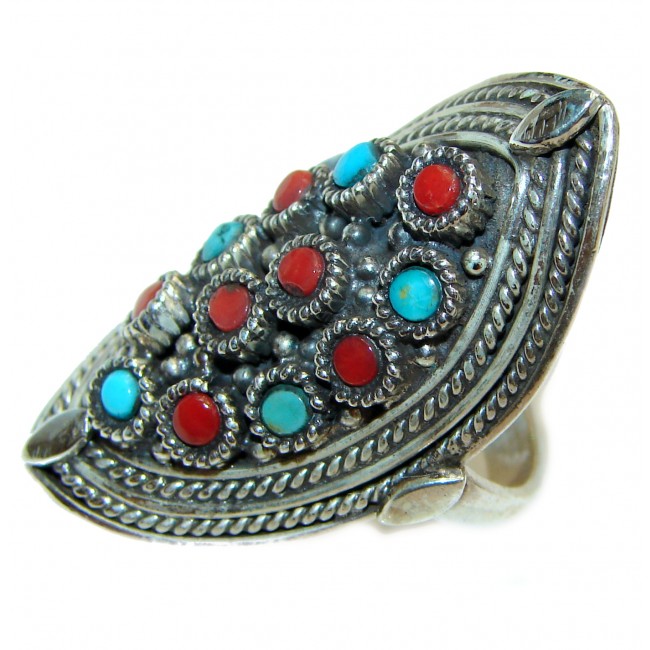 Natural Fossilized Coral Turquoise .925 Sterling Silver handmade ring s. 7 3/4
