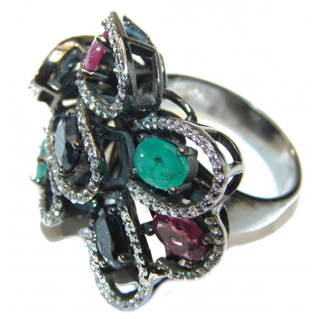 Victorian Style Emerald & White Topaz Copper over Sterling Silver ring; s. 8 1/4