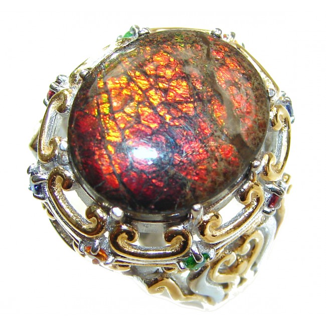 Pure Energy Genuine Canadian Ammolite 14K Gold over .925 Sterling Silver handmade ring size 8 3/4