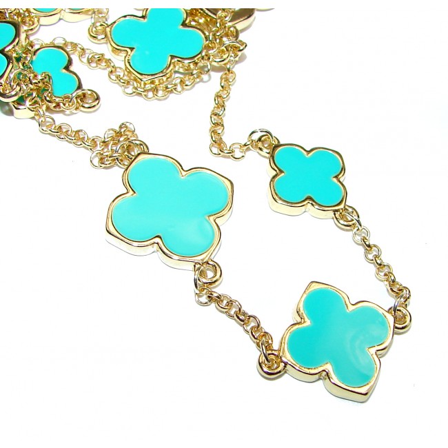Gold over Sterling Silver lab. Turquoise Clover 38 inches Long Station Necklace