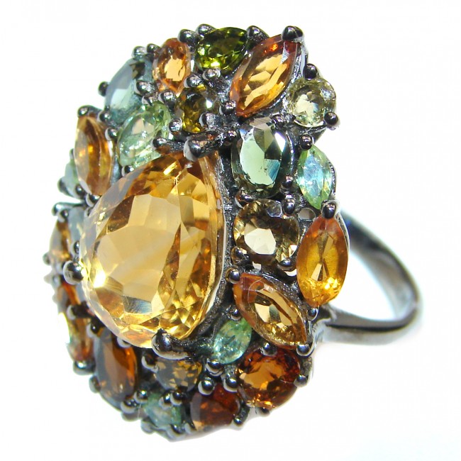 LARGE genuine Faceted Citrine black rhodium .925 Sterling Silver handmade Cocktail Ring s. 8