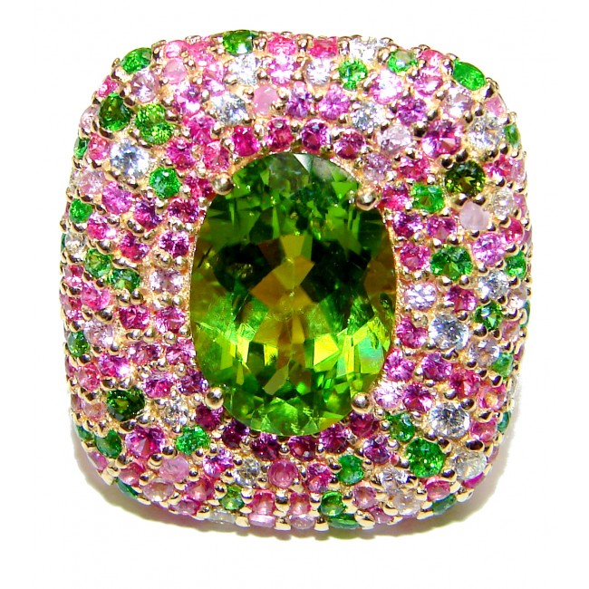 Spectacular Genuine 25ctw Peridot Tourmaline 24K Gold over .925 Sterling Silver handcrafted Statement Ring size 6 1/4
