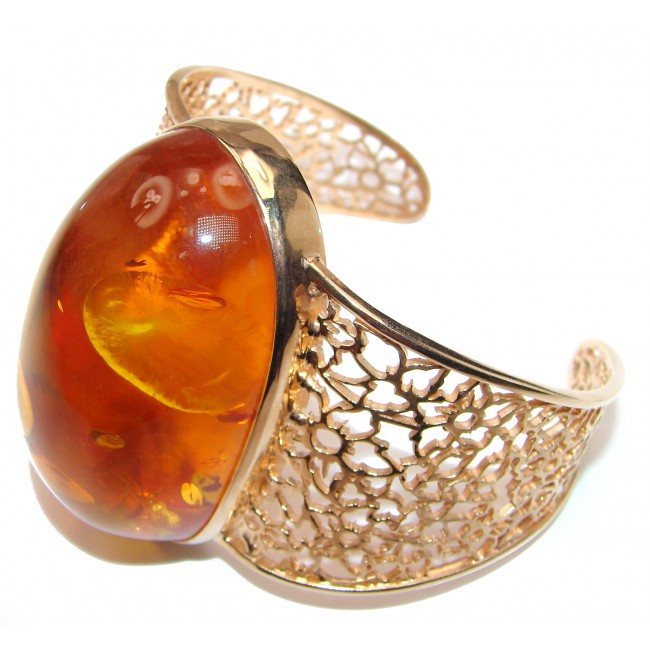 One of the kind Huge genuine Amber 18K Gold over .925 Sterling Silver handmade Bracelet / Cuff