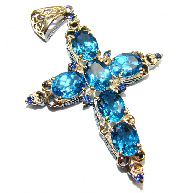 Victorian Style Holy Cross genuine London Blue Topaz 24K Gold over .925 Sterling Silver handmade pendant