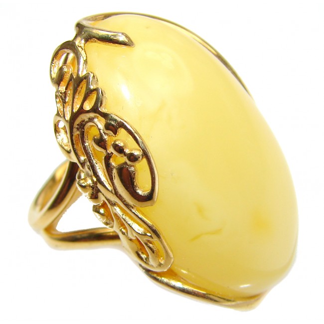 Huge Genuine Butterscotch Baltic Amber 18K Gold over .925 Sterling Silver handmade Ring size 8 adjustable