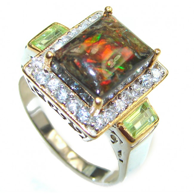 Genuine Canadian Ammolite 18K Gold over .925 Sterling Silver handmade ring size 7