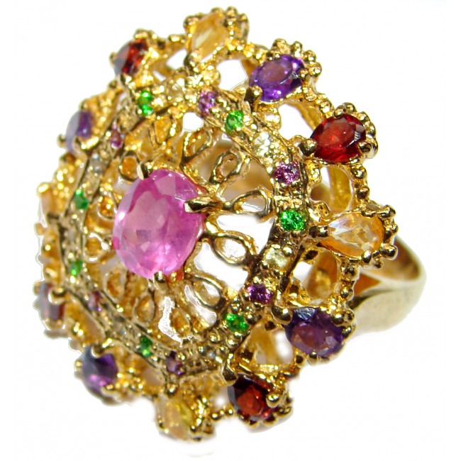 Large Genuine Ruby Tourmaline 18K Gold over .925 Sterling Silver handcrafted Statement Ring size 8 1/4