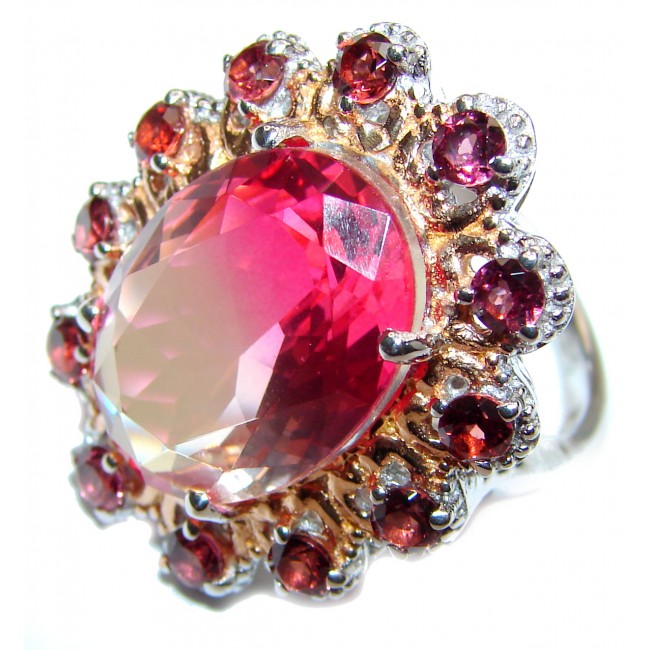 HUGE Top Quality Magic Volcanic Pink Topaz 18K Gold over .925 Sterling Silver handcrafted Ring s. 7 1/2