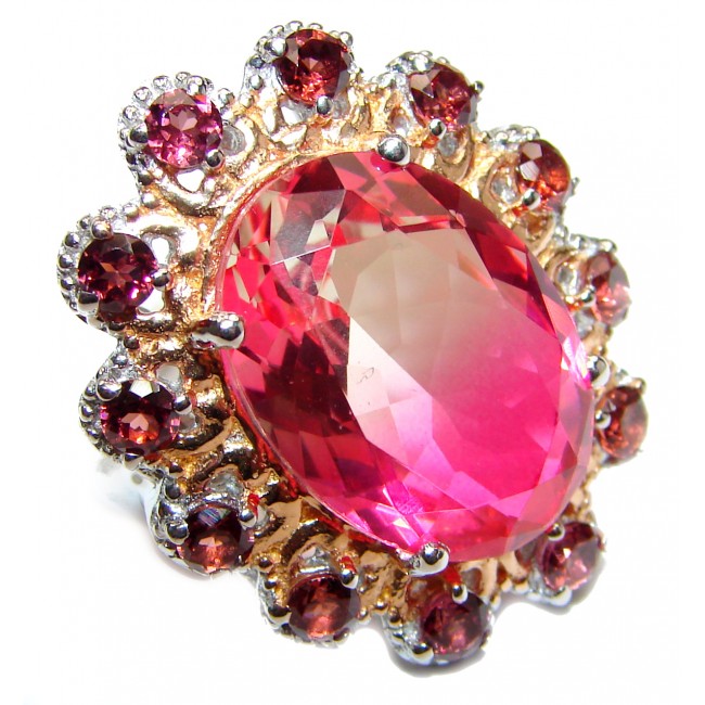 HUGE Top Quality Magic Volcanic Pink Topaz 18K Gold over .925 Sterling Silver handcrafted Ring s. 7 1/2
