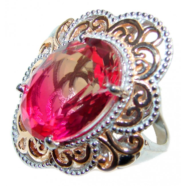 Huge Top Quality Volcanic Pink Tourmaline 18 K Gold over .925 Sterling Silver handcrafted Ring s. 8 1/4