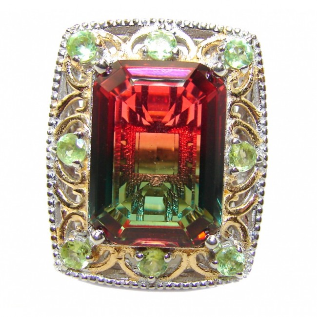 HUGE Emerald cut Watermelon Tourmaline color Topaz 18k Gold over .925 Sterling Silver handcrafted Ring s. 7