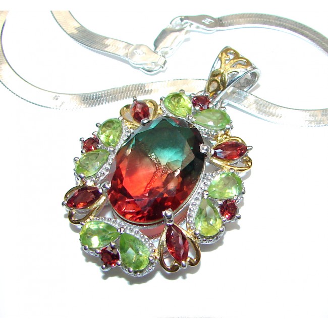 Emerald cut Watermelon Tourmaline 14K Gold over .925 Sterling Silver handcrafted necklace