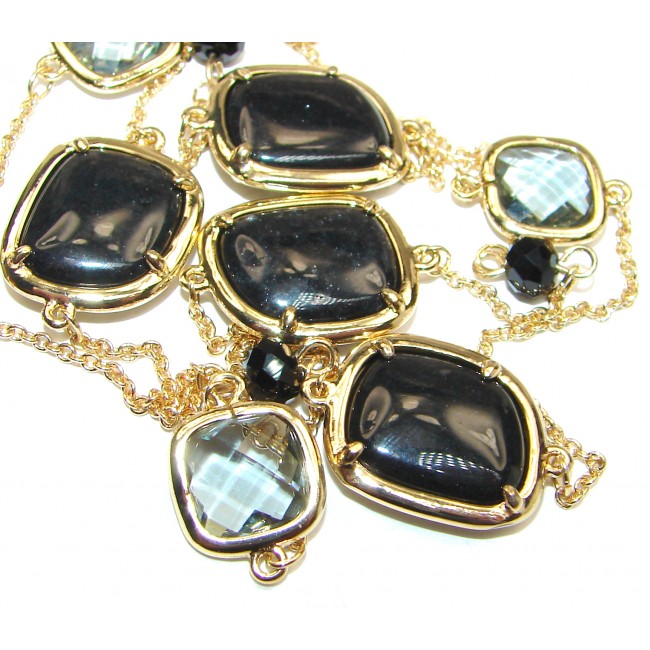 Gold over Sterling Silver Onyx Smoky Topaz 38 inches Long Station Necklace