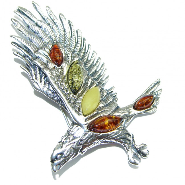 Huge Eagle Beautiful genuine Amber .925 Sterling Silver handcrafted Pendant Brooch