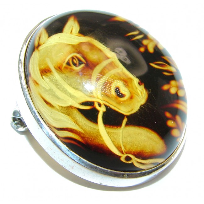 Wild Horse Authentic carved Baltic Amber .925 Sterling Silver handmade Pendant Brooch