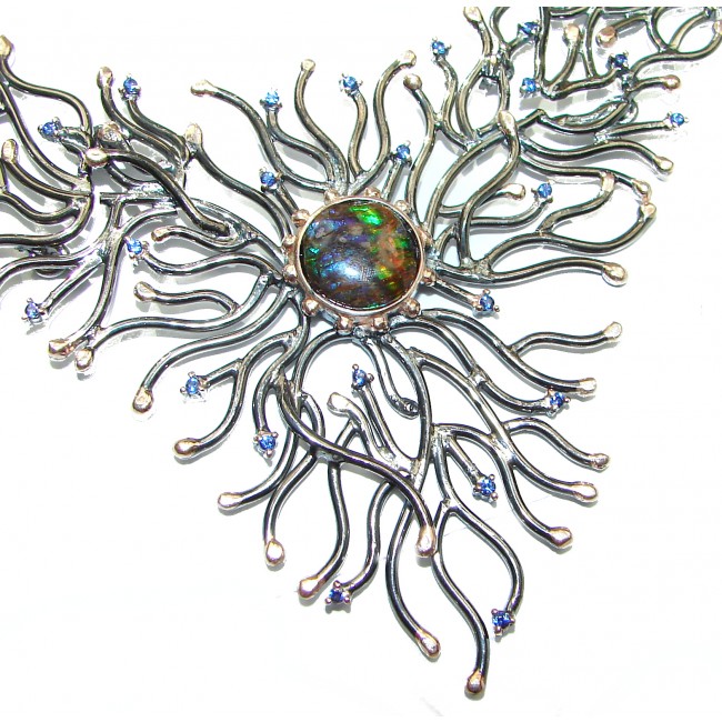 Huge Natural Canadian Ammolite Sapphire 18K Gold Rhodium over .925 Sterling Silver handmade necklace