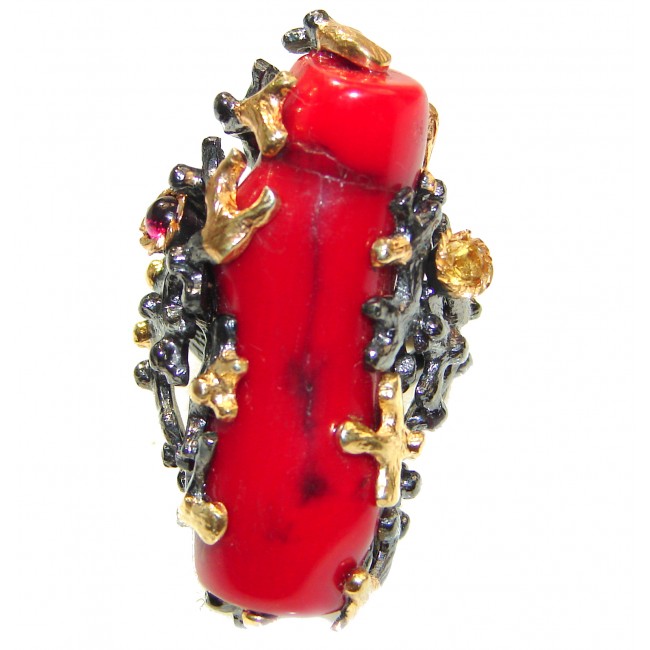 Natural Fossilized Coral 18K Gold over .925 Sterling Silver handmade LARGE ring s. 8