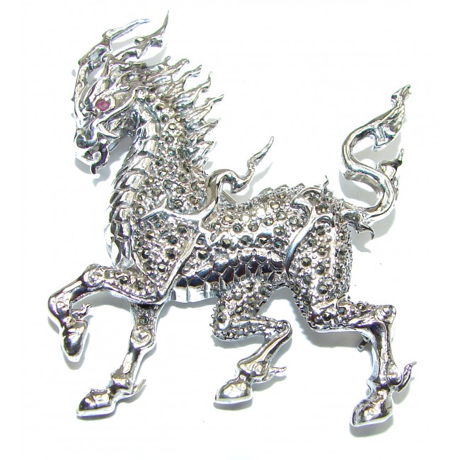 Huge Protective Dragon Marcasite .925 Sterling Silver handmade Pendant Brooch