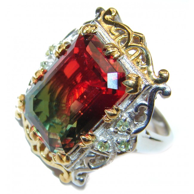 HUGE Emerald cut Watermelon Tourmaline 18k Gold over .925 Sterling Silver handcrafted Ring s. 7 3/4