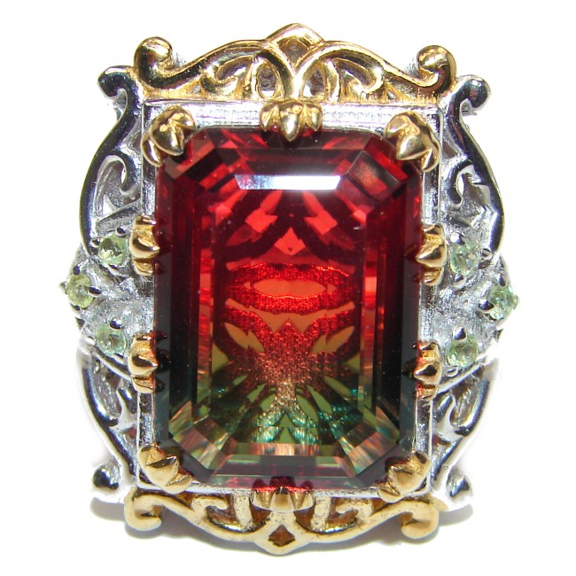 HUGE Emerald cut Watermelon Tourmaline 18k Gold over .925 Sterling Silver handcrafted Ring s. 7 3/4