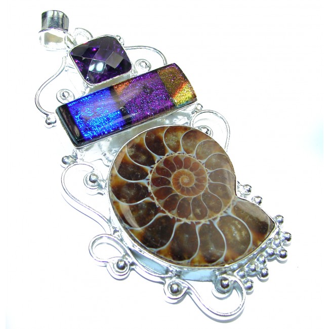 Back to Nature Brown Ammonite Fossil .925 Sterling Silver handmade LARGE Pendant