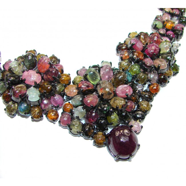 Large 570ctw (total carat weight) Brazilian Watermelon Tourmaline black rhodium .925 Sterling Silver handcrafted Statement necklace