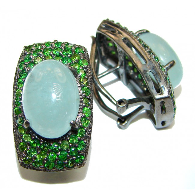 Classy Aquamarine Travorite Garnet Rhodium over .925 Sterling Silver handcrafted earrings