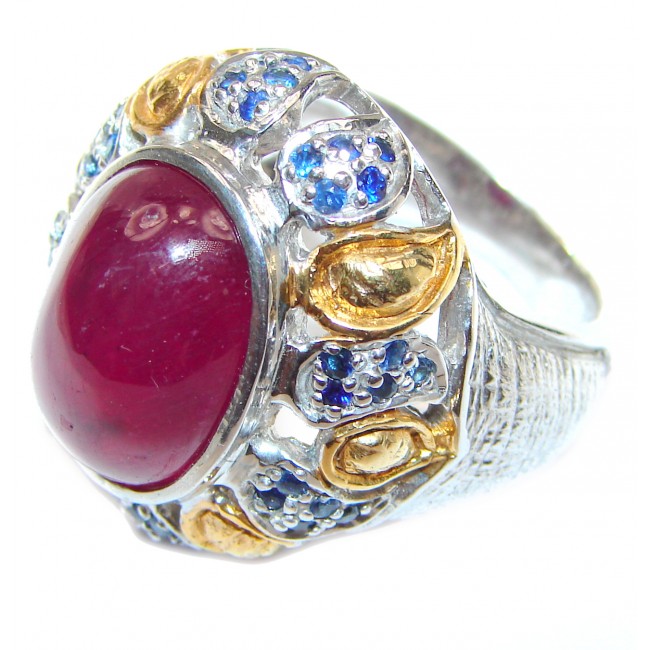 Large Genuine 32ctw Ruby Sapphire 18K Gold over .925 Sterling Silver handcrafted Statement Ring size 8