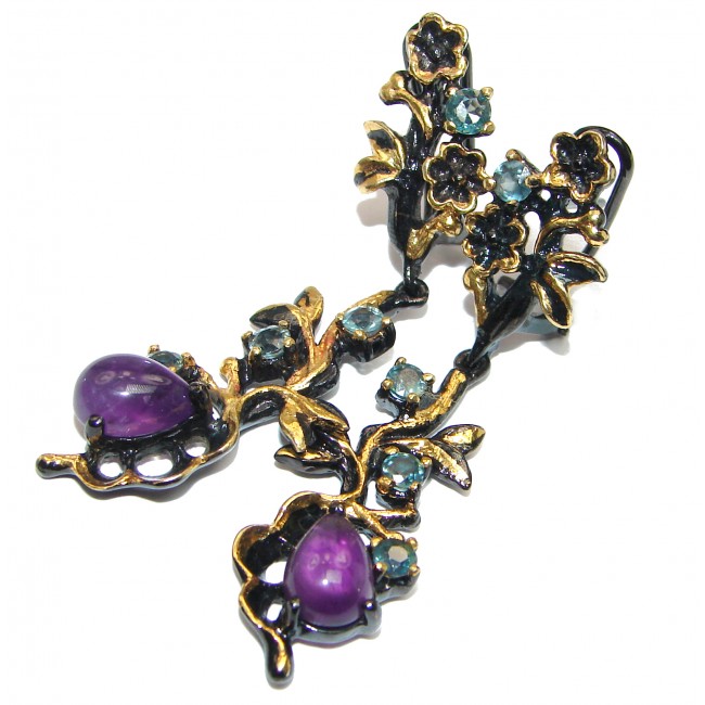 Large Authentic Brazilian Amethyst black rhodium Gold over .925 Sterling Silver handmade earrings