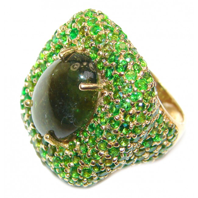 Spectacular Genuine 20ctw Green Tourmaline 24K Gold over .925 Sterling Silver handcrafted Statement Ring size 6