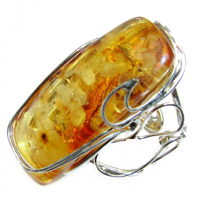Large Excellent Design Baltic Amber .925 Sterling Silver handcrafted Ring s. 7 adjustable