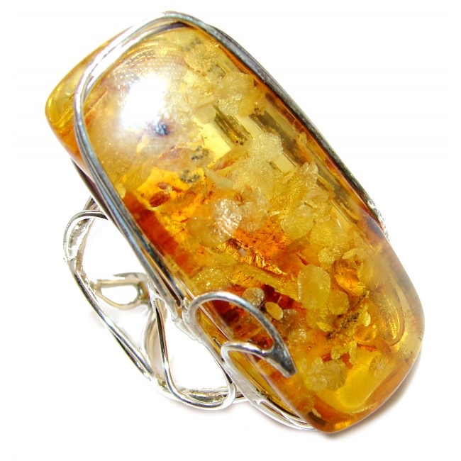 Large Excellent Design Baltic Amber .925 Sterling Silver handcrafted Ring s. 7 adjustable
