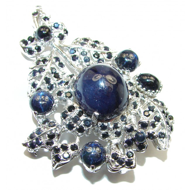 Large Blue Flower genuine Sapphire .925 Sterling Silver handmade Pendant - Brooch