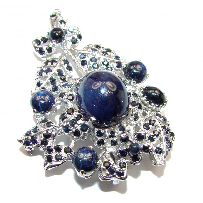 Large Blue Flower genuine Sapphire .925 Sterling Silver handmade Pendant - Brooch