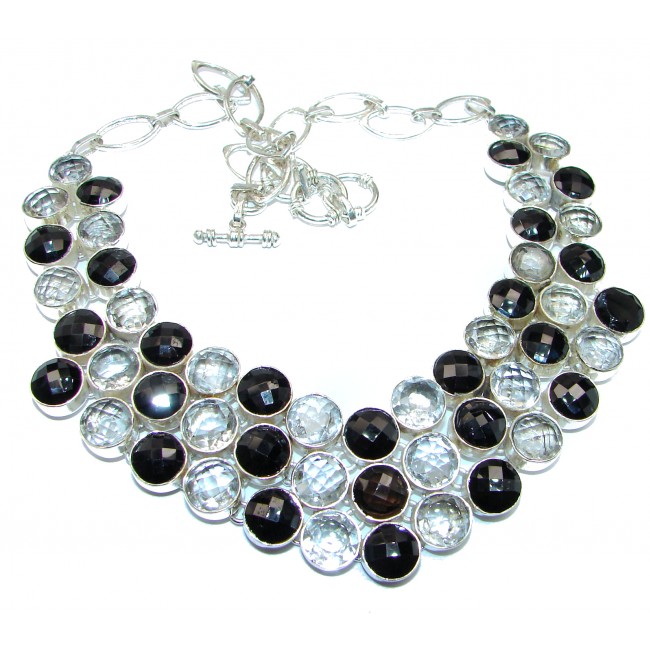 White and Black Onyx and Topaz .925 Sterling Silver handcrafted Large Necklace