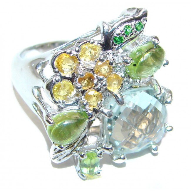 Spectacular Natural Green Amethyst 18K Gold over .925 Sterling Silver handcrafted ring size 9