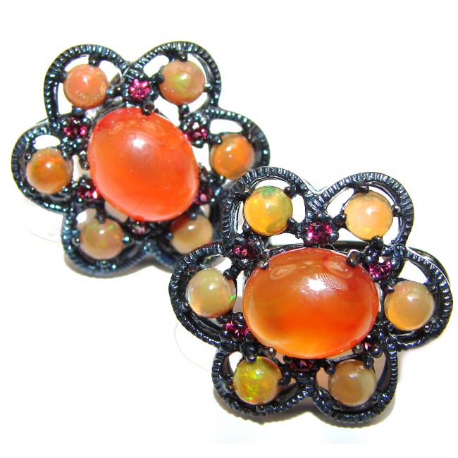 Dazzling natural Mexican Precious Fire Opal black rhodium over .925 handcrafted stud earrings