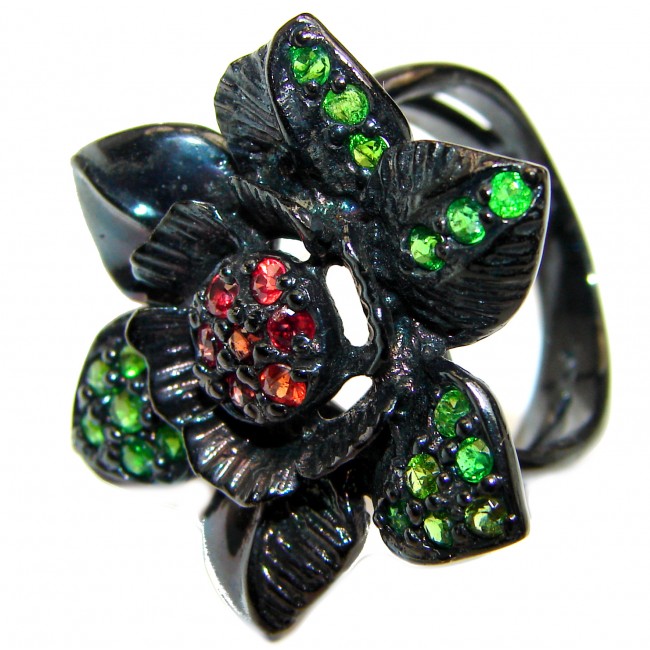 Large Flower Natural Ruby Emerald black rhodium over .925 Sterling Silver handcrafted ring size 9