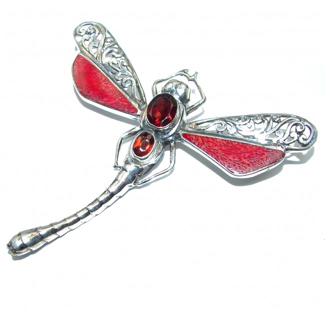 Lady Dragon Red Fossilized Coral Sterling Silver pendant brooch