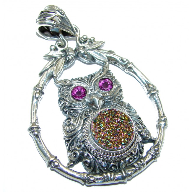 Huge Owl Titanum Druzy .925 Sterling Silver handmade Pendant