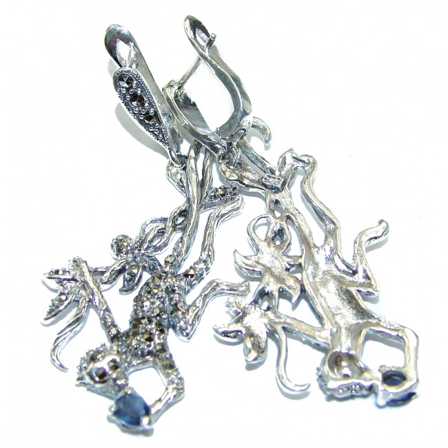 Playing Monkey genuine Sapphire Marcasite .925 Sterling Silver handcrafted earrings